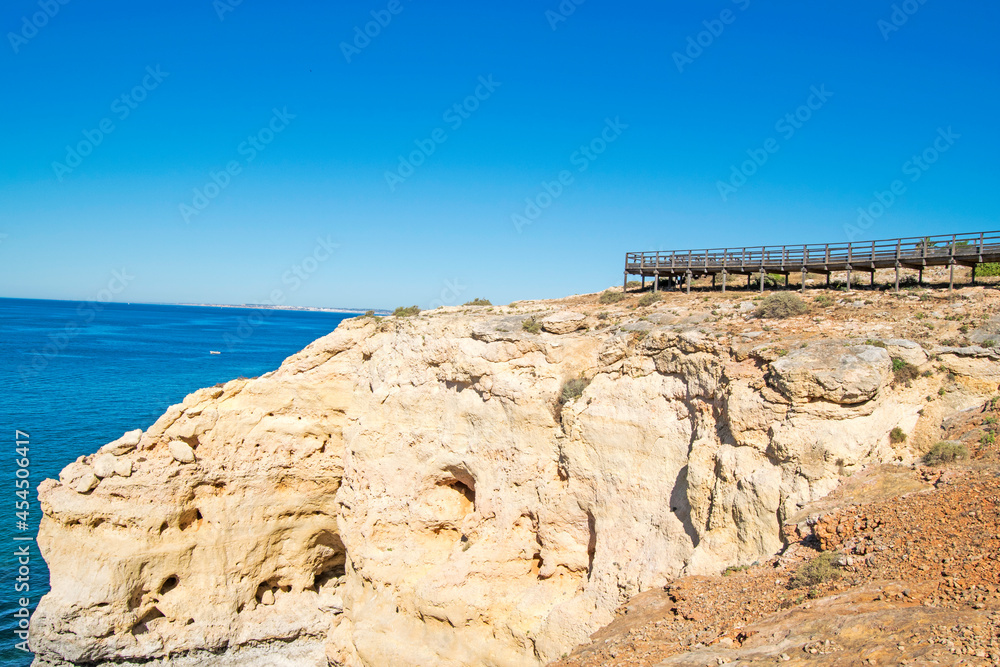 Boardwalk in rocks formations of Algar Seco in Carvoeiro, Lagoa, Algarve, Portugal