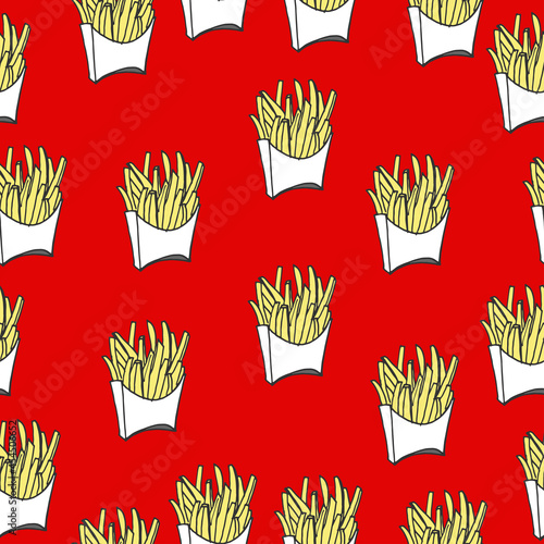 french fries illustration on red background. fries with white bucket. fast food icon. hand drawn vector. seamless pattern. doodle art for wallpaper, backdrop, print, fashion, wrapping paper, fabric. © siarifzen