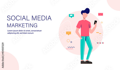 Social marketing landing page template. Man with smartphone and social media icons. Vector illustration.