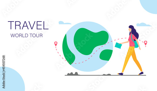 World tour vector illustration. Young girl walking with backpack and map next to the planet. Landing page template. Vector flat style illustration.