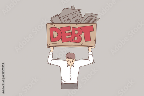 Financial crisis and debt concept. Young frustrated stressed businessman standing holding box with debt sign on it loans property credits inside vector illustration 