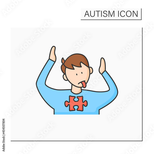 Neurodevelopmental disorder color icon. Abnormal body posturing. Facial expression. Restricted, repetitive behavior. Autism spectrum disorder concept.Isolated vector illustration