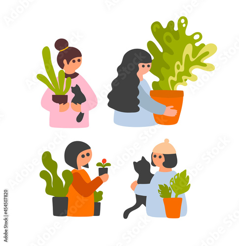 Set of cute girls with plants cat lovers. Vector art.