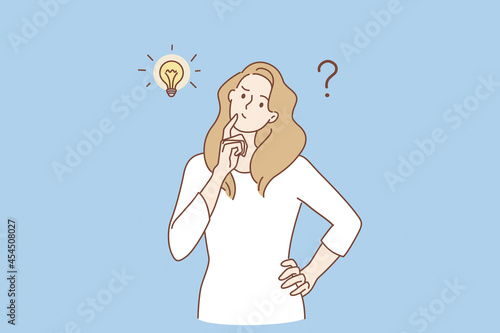 Frustration, doubt and question concept. Young frustrated woman cartoon character standing feeling doubt with question marks above vector illustration 