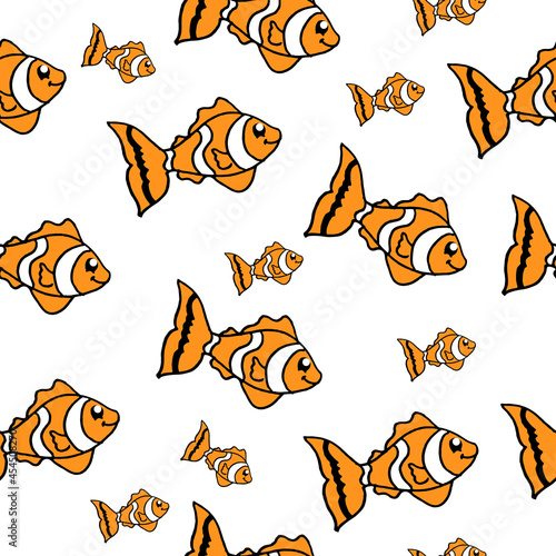 golden fish illustration on white background. hand drawn vetor. cute and funny fish, orange with black and white color. seamless pattern. doodle art for wallpaper, backdrop, fabric, wrapping paper. 
