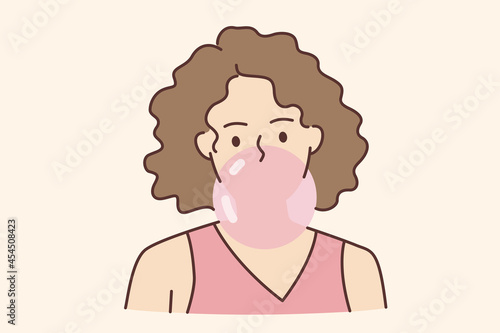 Chewing bubble gum bubbles concept. Young female blowing huge pink bubble of gum having fun vector illustration 