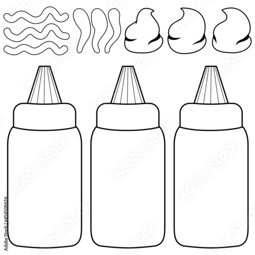 Bottles of tomato ketchup sauce, mustard and mayonnaise. Vector black and white coloring page.