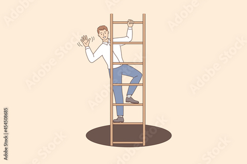 Business success and development concept. Young smiling businessman cartoon character waving hand standing on ladder climbing up vector illustration 