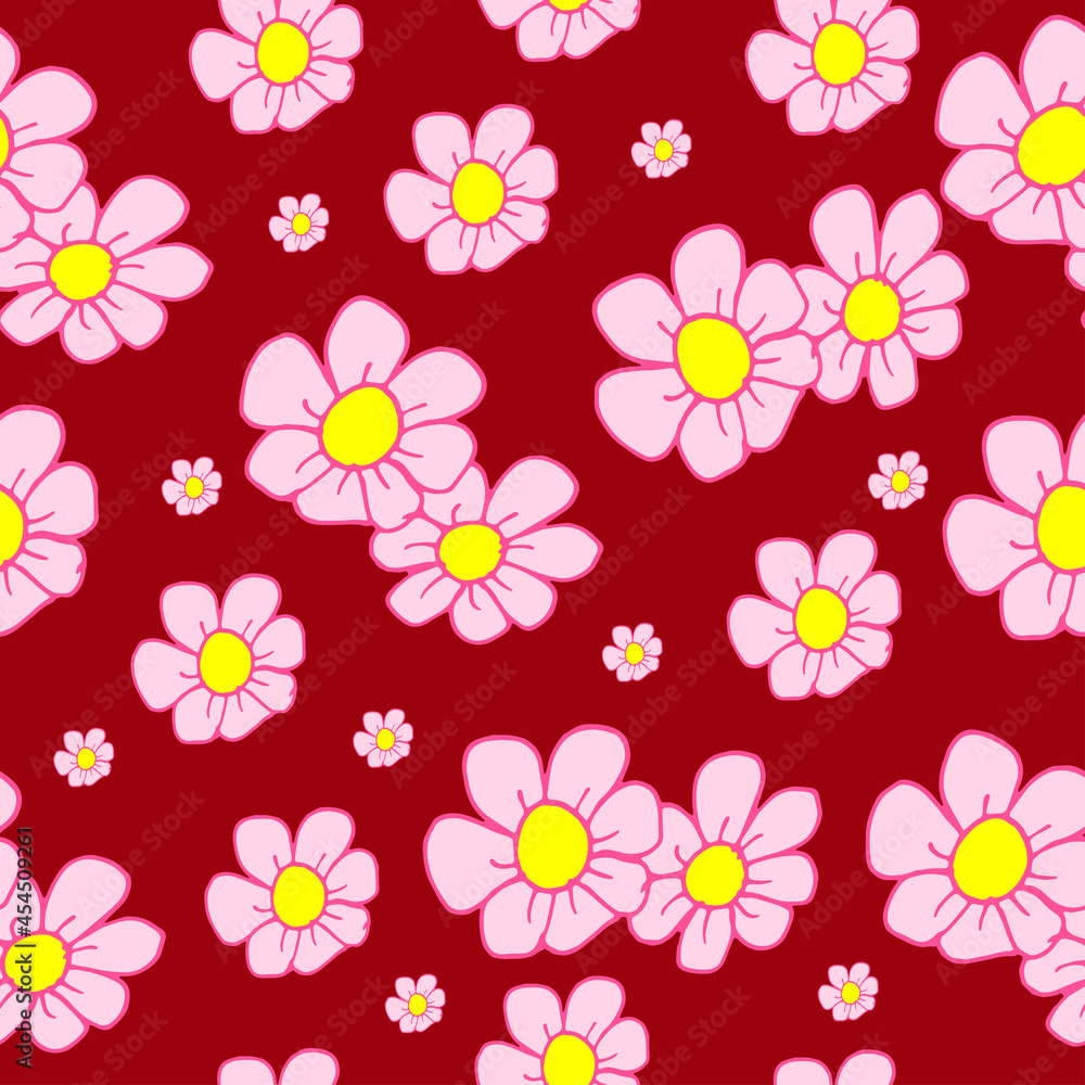 seamless pattern with beautiful pink flower illustration on red background. blooming flower. hand drawn vector. natural motif. doodle art for wallpaper, wall decoration, fabric, backdrop, wrapping. 