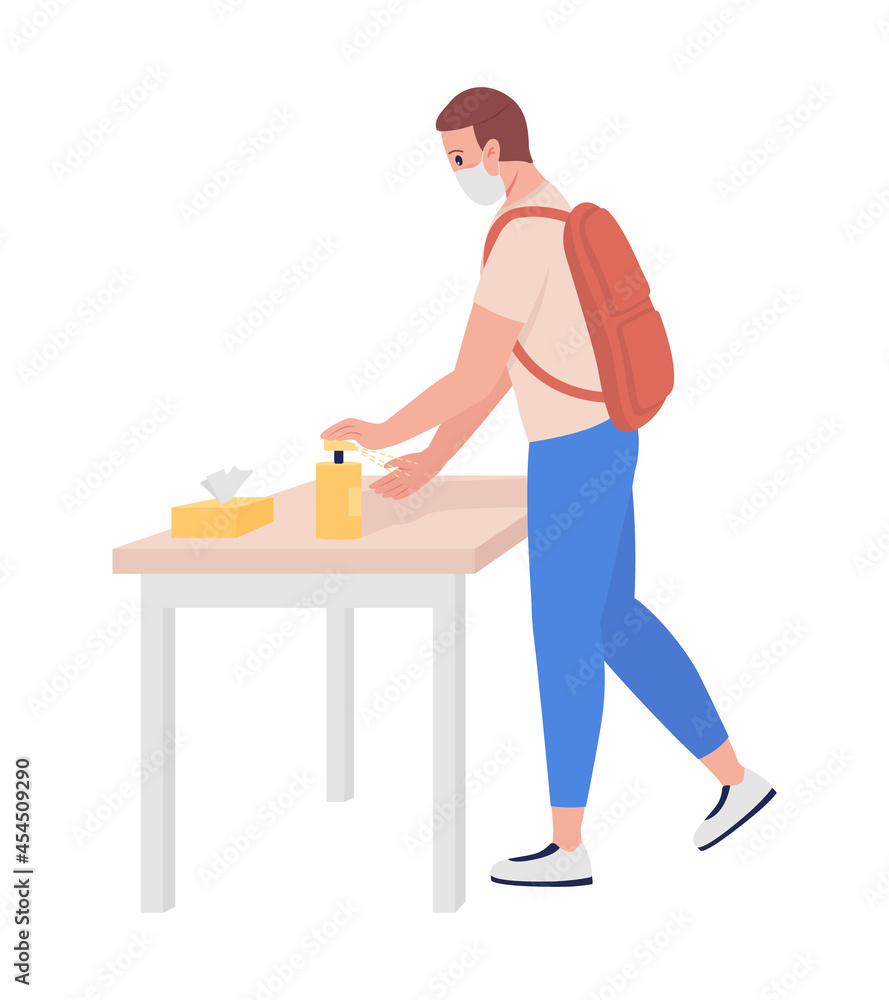Teenage boy sanitizes his hands semi flat color vector character. Schoolboy figure. Full body person on white. New normal isolated modern cartoon style illustration for graphic design and animation
