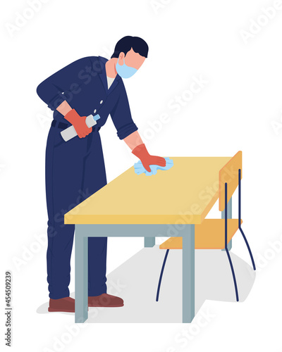 Janitor wipe desk surface semi flat color vector character. Male adult figure. Full body person on white. Covid precaution isolated modern cartoon style illustration for graphic design and animation