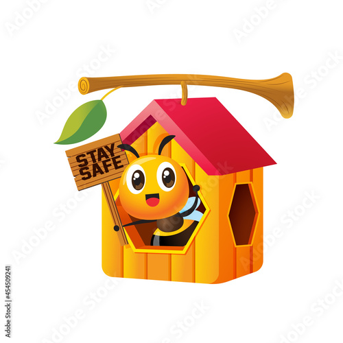 Cartoon cute bee holding stay safe wooden signboard and stay in honeycomb house which hang on tree twig