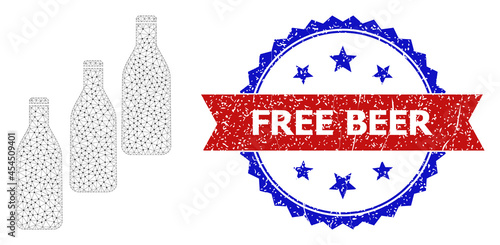 Free Beer dirty stamp seal, and beer bottles icon mesh structure. Red and blue bicolored stamp seal includes Free Beer text inside ribbon and rosette. Abstract 2d mesh beer bottles,