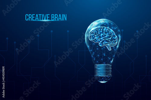 Wireframe polygonal human brain in a lightbulb. Business idea, brainstorming concept with glowing low poly bulb. Futuristic modern abstract. Isolated on dark blue background. Vector illustration.