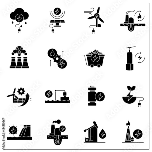 Energy glyph icons set. Thunderstorm, solar, wind energy. Nonrenewable sources. Power stations. Electricity generation concept. Filled flat signs. Isolated silhouette vector illustrations