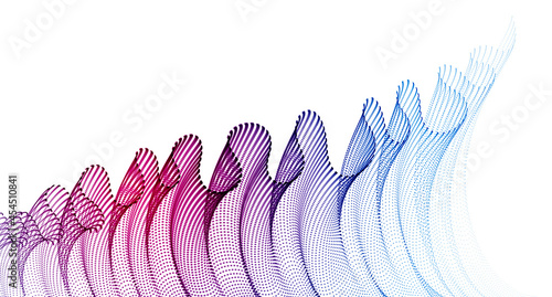 Vector abstract background with wave of flowing particles, smooth curve shape lines, transparent tulle textile on wind. 3d shape dots magic blended mesh.