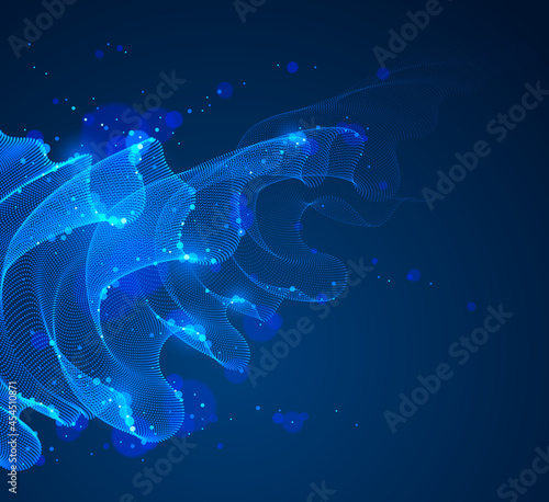 Wave of flowing particles over dark abstract vector magic background, smooth curvy shape dots transparent tulle textile on wind. 3d shape dots blended mesh, relaxing wallpaper.