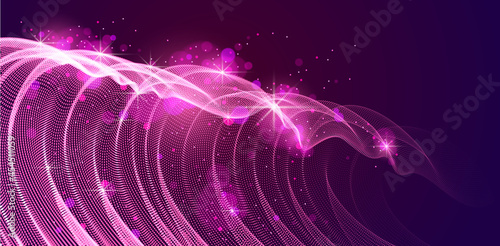 Array of magic particles flowing over dark, dynamic wave transparent tulle textile on wind. 3d vector illustration. Mesh round dots, beautiful relaxing wallpaper illustration.