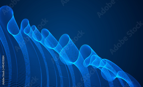 Vector abstract background with magic wave of flowing particles over dark, smooth curve shape lines, transparent tulle textile on wind. 3d shape dots magic blended mesh.