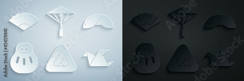 Set Sushi, Chinese fortune cookie, Maneki neko cat, Origami bird, Japanese umbrella from the sun and Paper chinese japanese folding fan icon. Vector