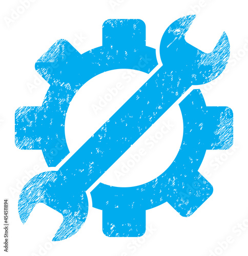 Gear tools icon with grunge effect. Isolated vector gear tools icon image with grunge rubber texture on a white background.