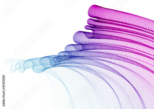 Dynamic particles sound wave flowing, transparent tulle textile on wind. Dotted curves vector abstract background. Beautiful 3d wave shaped array of blended points.