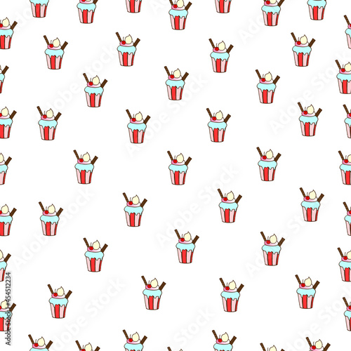 cupcake with cream  chocolate stick  and cherry fruit toppings illustration on white backgroun. seamless pattern  hand drawn vector. sweet  bakery icon. doodle art for wallpaper  fabric wrapping paper