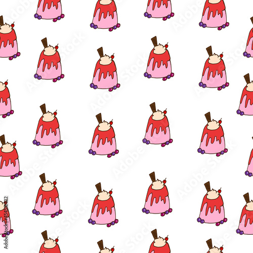 strawberry jelly pudding with cream, chocolate waffle and cherry fruit toppings illustration on white background. berry flavor, sweet and healthy. seamless pattern, hand drawn vector. doodle art. 