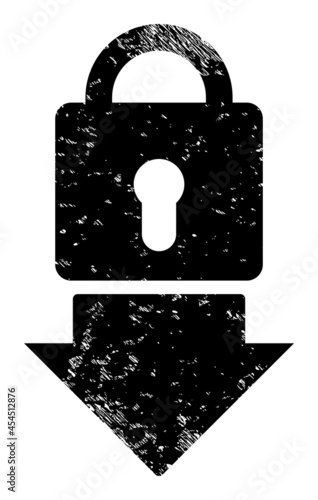 Lock down icon with scratched style. Isolated vector lock down icon image with scratched rubber texture on a white background.