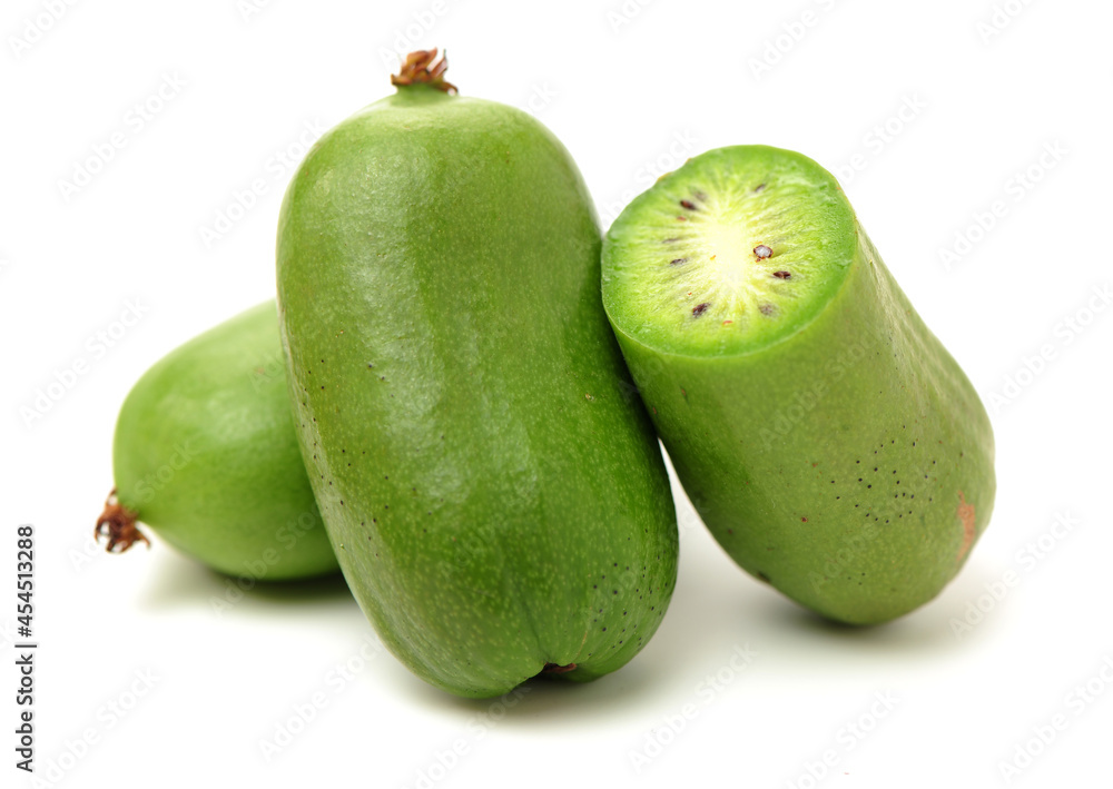 mini kiwi baby fruit (actinidia arguta) on white background 