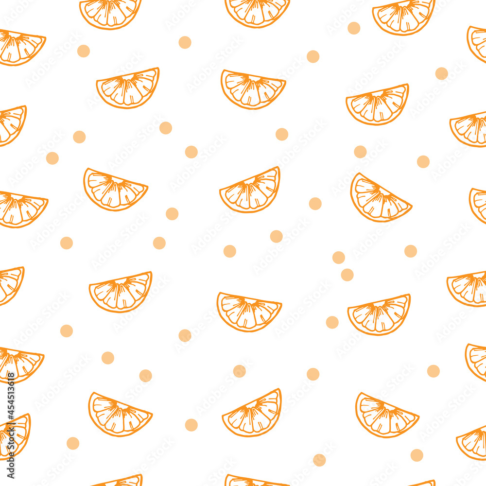 orange slices illustration with orange dots on white background. seamless pattern, hand drawn vector. fresh fruit, sweet taste. doodle art for wallpaper, wrapping paper and gift, fabric, textile motif orange slices illustration with orange dots on white background. seamless pattern, hand drawn vector. fresh fruit, sweet taste. doodle art for wallpaper, wrapping paper and gift, fabric, textile motif