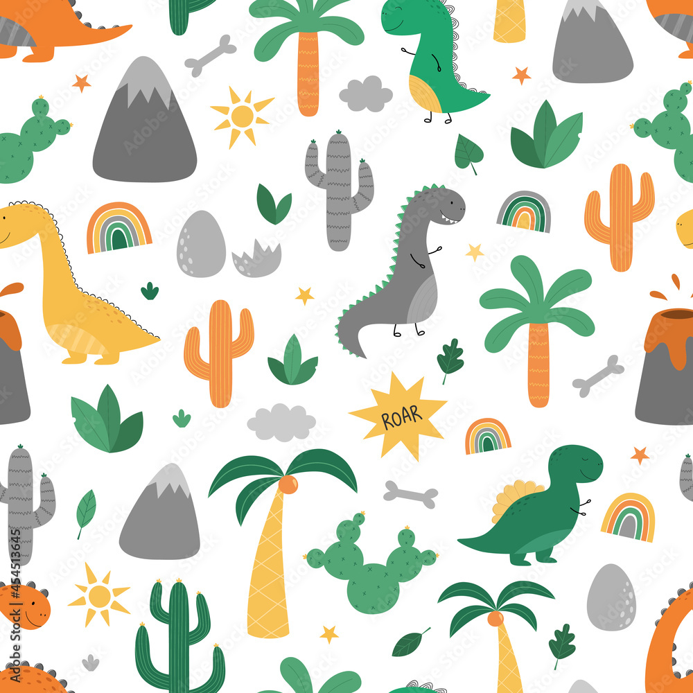 Naklejka premium Seamless pattern with dinosaurs and natural elements. Funny dino in a cartoon style. Vector illustration. Suitable for printing on fabric, wallpaper, wrapping paper
