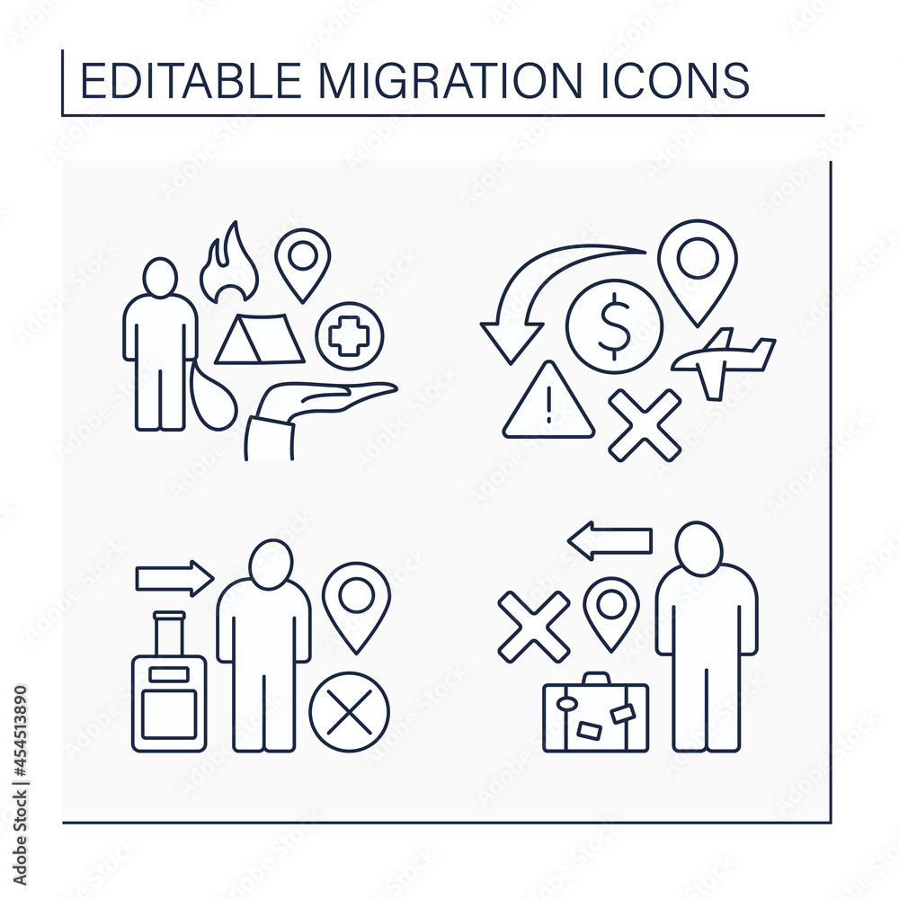 Migration line icons set. Emigration and immigration. Humanitarian catastrophe, refugee. Migration concept. Isolated vector illustrations. Editable stroke Migration line icons set. Emigration and immigration. Humanitarian catastrophe, refugee. Migration concept. Isolated vector illustrations. Editable stroke