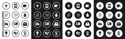 Set Briefcase and money, Shopping cart, Chain link, Lead management, Arrow growth gear business, Mobile phone like with heart, Envelope coin dollar and Armored truck icon. Vector