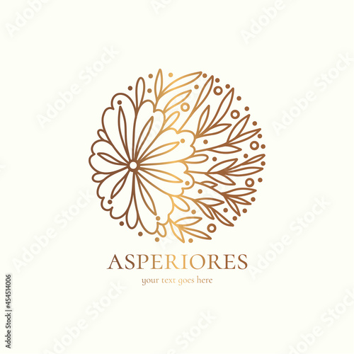 Golden emblem with flower in a circle shape. Can be used for jewelry  beauty and fashion industry. Great for logo  monogram  invitation  flyer  menu  background  or any desired idea.