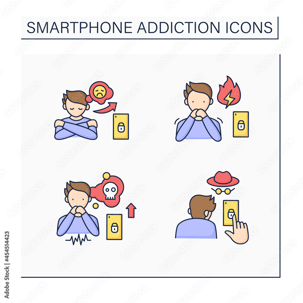 Smartphone addiction color icons set. Increasing stress, concealing smartphone use, anxiety feeling. Overwhelmed concept. Isolated vector illustrations Smartphone addiction color icons set. Increasing stress, concealing smartphone use, anxiety feeling. Overwhelmed concept. Isolated vector illustrations