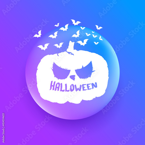 Happy Halloween Banner  greeting card or background with Vector white Halloween label with scary pumpkin isolated on purple abstract background.