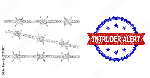 Intruder Alert unclean stamp seal, and barbed wire fence icon mesh structure. Red and blue bicolor seal includes Intruder Alert caption inside ribbon and rosette. Abstract flat mesh barbed wire fence,