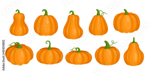 Cartoon orange cute pumpkin clipart collection, fall squash vegetable, autumn farm harvest, Thanksgiving and Helloween object isolated on white. Pumpkin set for Halloween party vector illustration