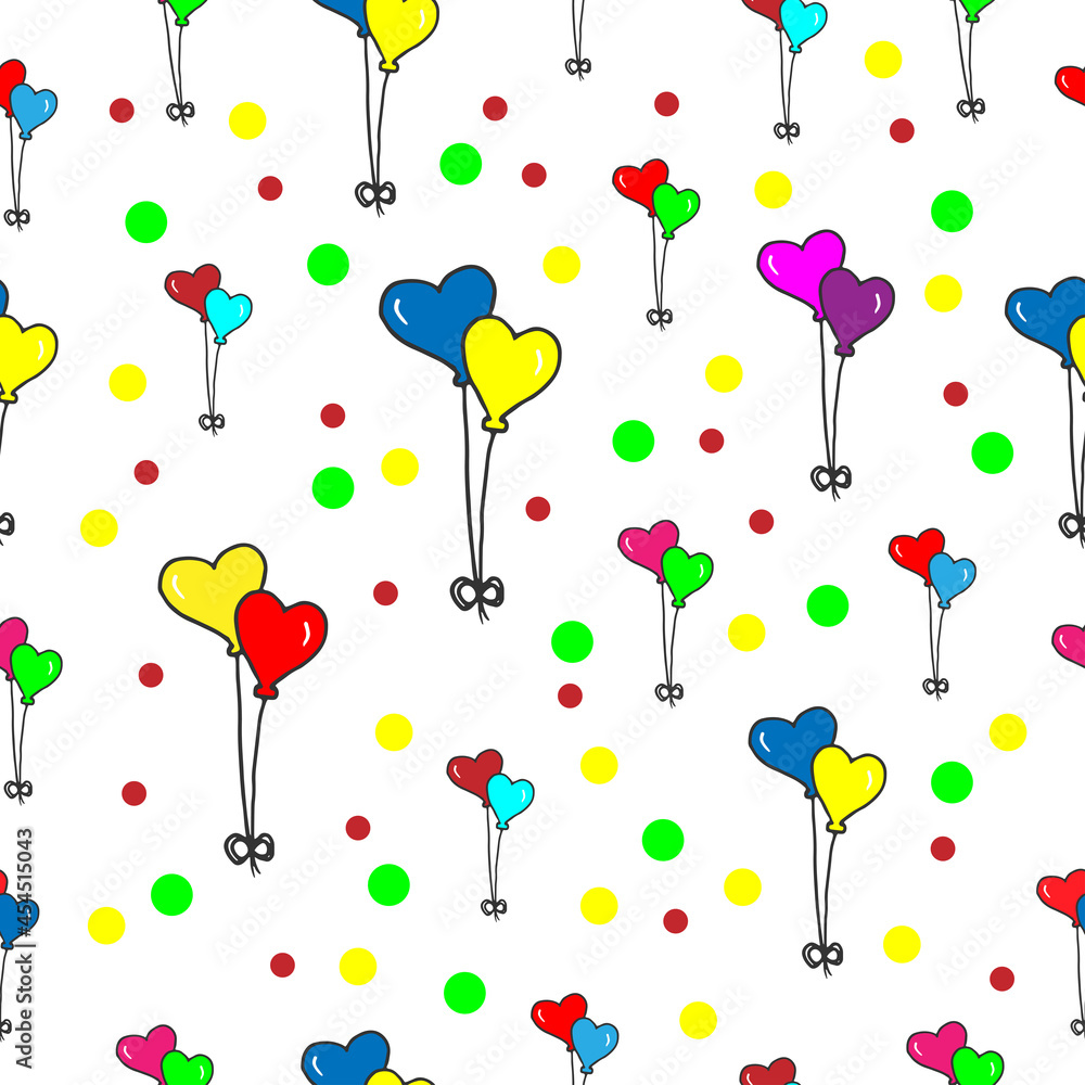 heart balloons illustration with colorful dotted on white background. colorful balloon. romantic and cute shape. seamless pattern. hand drawn vector. doodle art for wallpaper, wrapping paper, backdrop