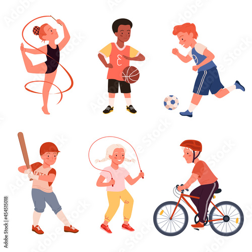 Cartoon cute happy boy girl run, child play football soccer, baseball and tennis, jump rope, active young children characters isolated on white. Kids doing sports exercises set vector illustration