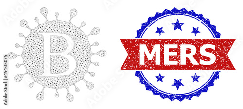 Mers textured watermark, and Beta coronavirus icon mesh model. Red and blue bicolor seal has Mers title inside ribbon and rosette. Abstract flat mesh Beta coronavirus, designed with flat mesh.