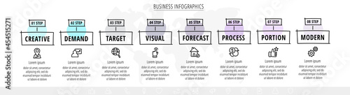 Vector hand-drawn sketch infographics with 8 icons. Business visualization with eight steps and squares for diagram, flowchart, banner, presentations, web, content, levels, chart, graphic