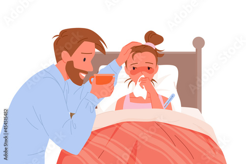 Father helping of sick daughter, boy lying in bed vector illustration. Cartoon dad character holding mug of hot drink, sitting by bedside of sick patient child to care health, parent love isolated on