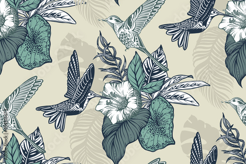 Beautiful seamless pattern with tropical flowers, hummingbird, jungle palm, monstera, exotic leaves.