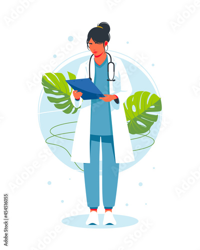 The woman doctor with a stethoscope reviewing, analyzes the treatment report, patient's condition or laboratory test report. Checklist on health information of diagnosis. a medical worker making notes
