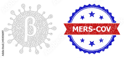 Mers-Cov corroded seal imitation, and Beta covid virus icon network structure. Red and blue bicolored seal contains Mers-Cov text inside ribbon and rosette. Abstract flat mesh Beta covid virus,