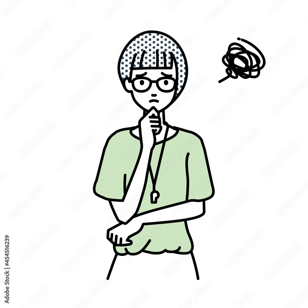 立って手をあごにあてて困っている教師の女性