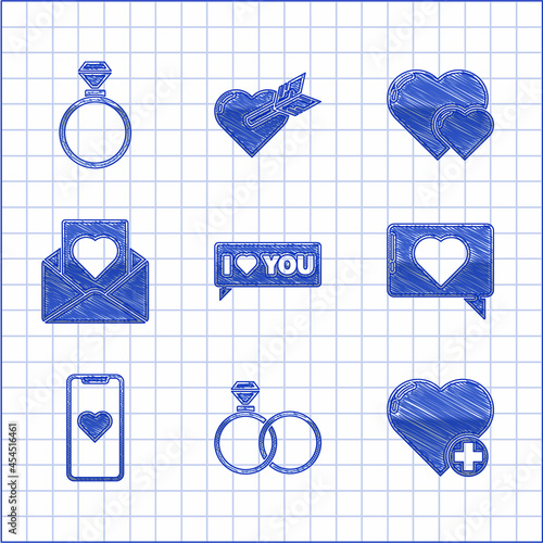 Set Speech bubble with I love you, Wedding rings, Heart, Like and heart, Mobile phone, Envelope, and icon. Vector