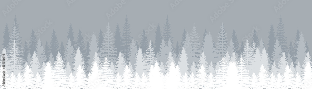 Winter landscape with snowy fir forest. Pines. Set of Pine, Spruce and Christmas Tree. Forest background. Panorama view. Vector illustration